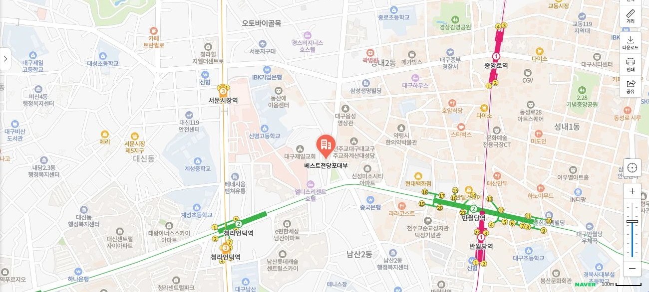 네이버 지도에 표시된 베스트전당포대부 위치. 계산오거리 인근 대구 중구 서성로 7